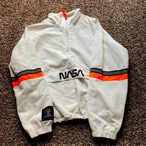 NASA, orange, black, and white wind breaker